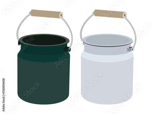 Vintage milk cans with metal handles and wooden grips isolated on white background