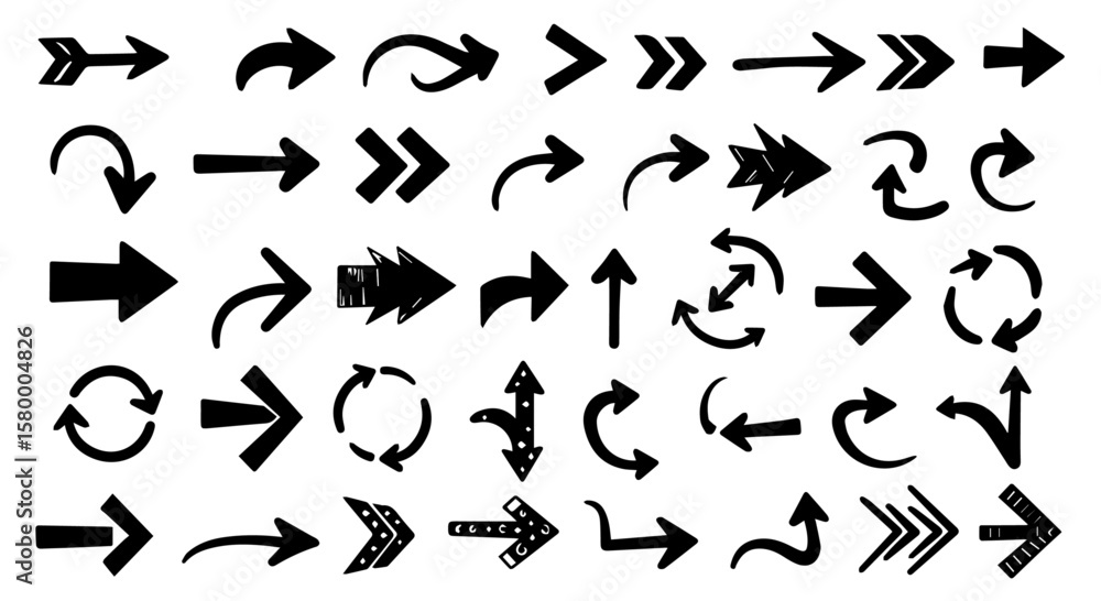 Diverse hand drawn arrow shapes point directions across a white backdrop with artistic style and dynamic movement, ideal for graphic designs.