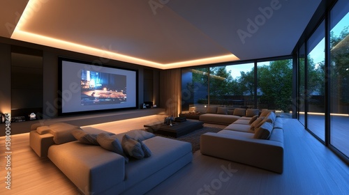 modern home theater room with a large projector screen