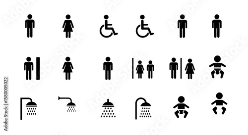 Public restroom signs present a clear set of symbols indicating facilities for men, women, handicap accessibility, family and showers.