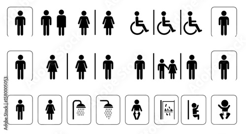 Various universal restroom symbols and signs representing gender, accessibility, showers, and baby facilities in black and white.