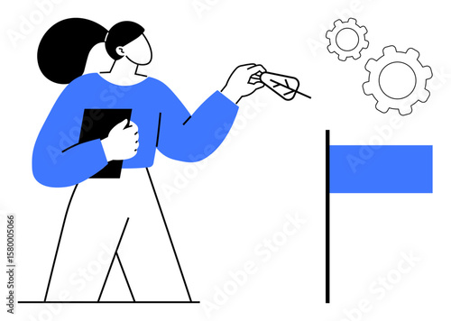 Woman holding clipboard while adjusting glasses, standing by flag and gears, symbolizing planning, problem-solving, and progress. Ideal for business, leadership, motivation, innovation teamwork