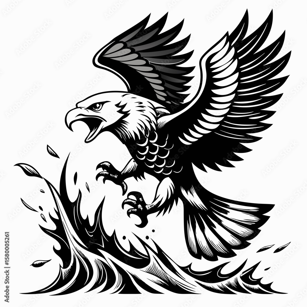Obraz premium A Ferocious Bald Eagle Plunging Toward the Roaring Waves With Piercing Eyes and Razor Talons, Embodying the Untamed Spirit of Power and Freedom
