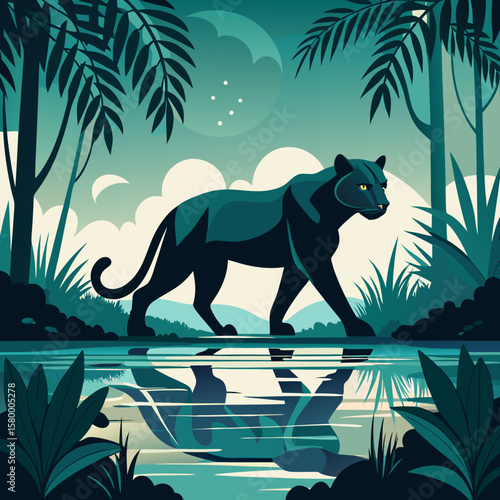 A Midnight Panther Stealthily Crossing a Jungle Stream, Its Silhouette Reflected in the Tranquil Waters Beneath a Sky of Stars and Palms