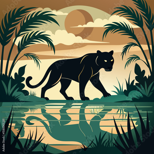 A Stealthy Black Panther Stalking the Riverbank Under Looming Palms, Reflected in Still Waters Amid a Sunset Sky