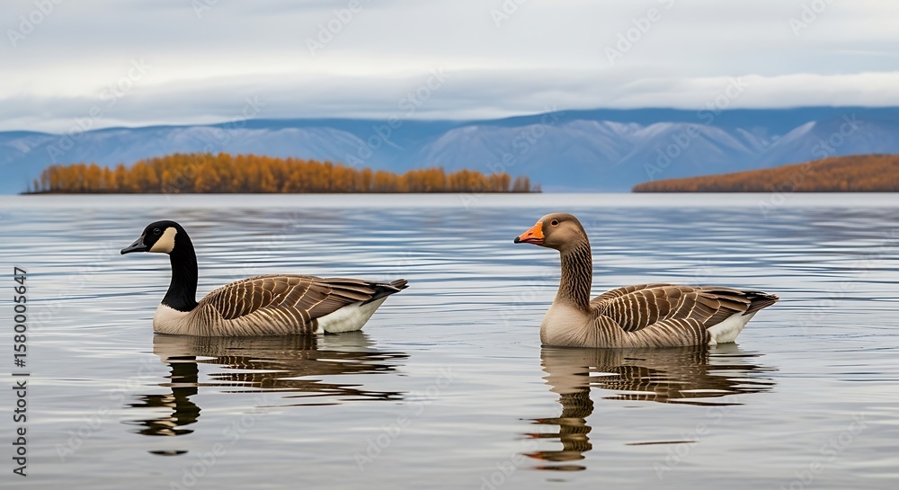 Fototapeta premium Canada Goose and Greylag Goose Swimming on Lake Baikal, autumn serenity on Russia's stunning Lake Baikal with geese enjoying the tranquil environment