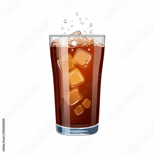 refreshing glass of cola with ice cubes and sparkling bubbles