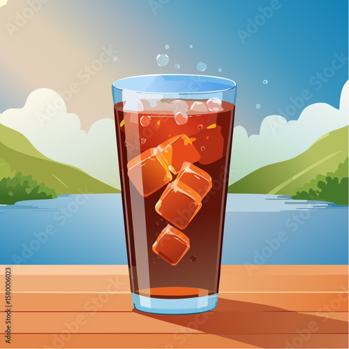 refreshing glass of cola with ice cubes and sparkling bubbles