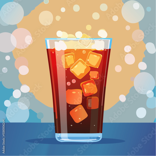 refreshing glass of cola with ice cubes and sparkling bubbles