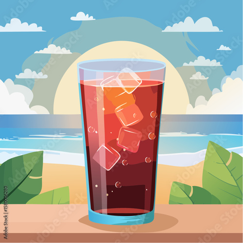 refreshing glass of cola with ice cubes and sparkling bubbles
