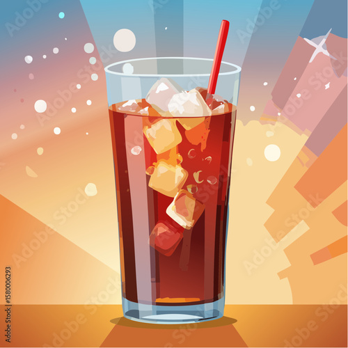 refreshing glass of cola with ice cubes and sparkling bubbles