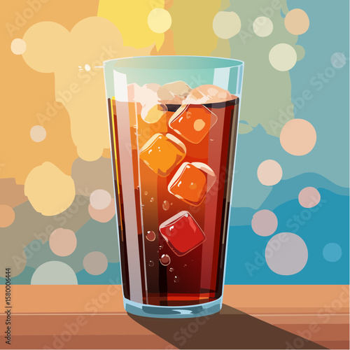 refreshing glass of cola with ice cubes and sparkling bubbles