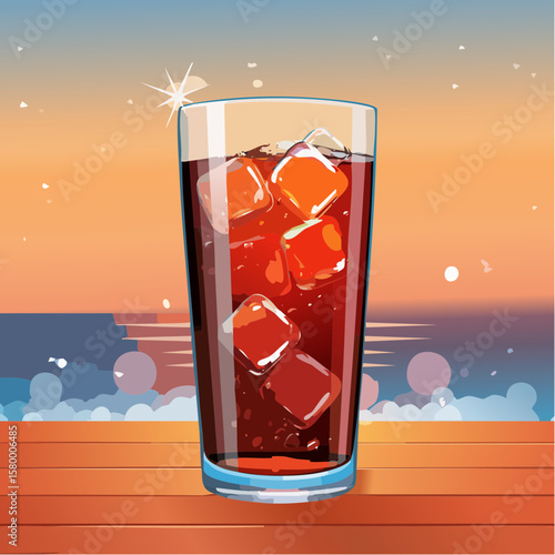 refreshing glass of cola with ice cubes and sparkling bubbles