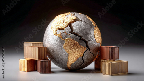 Import Tariffs Trade concept. Cracked stone sphere surrounded by metallic containers on a simple background.