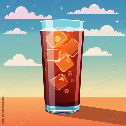 refreshing glass of cola with ice cubes and sparkling bubbles