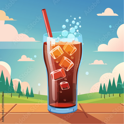 refreshing glass of cola with ice cubes and sparkling bubbles
