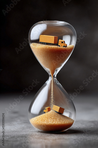 Import Tariffs Trade concept. Hourglass with miniature trucks representing time and transport.