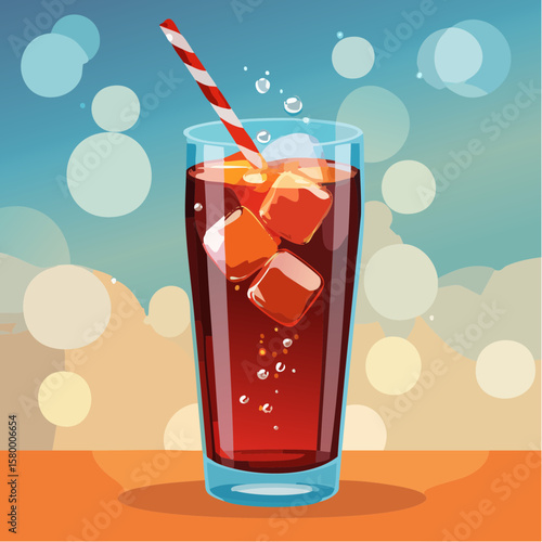 refreshing glass of cola with ice cubes and sparkling bubbles
