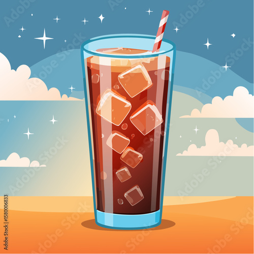 refreshing glass of cola with ice cubes and sparkling bubbles
