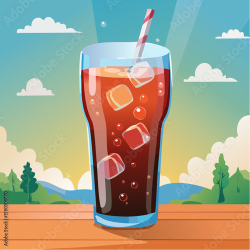 refreshing glass of cola with ice cubes and sparkling bubbles