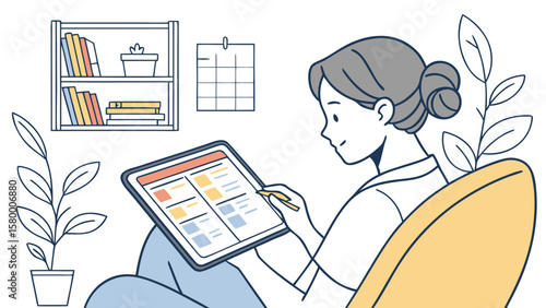 Woman sitting in chair using tablet with bookshelf calendar and plants in the background at home office