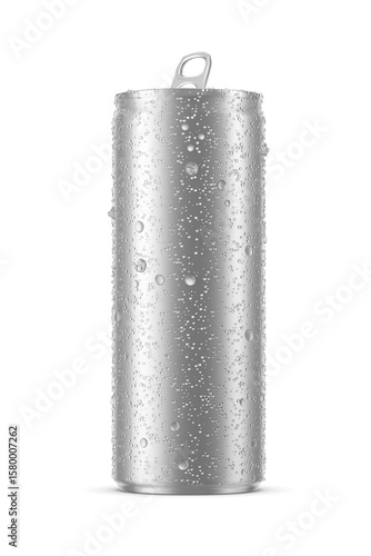 Aluminum beverage slim can 250ml with water droplets isolated. 3D rendering illustration.