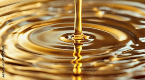 Liquid gold pouring macro shot creating ripples food or industry applications