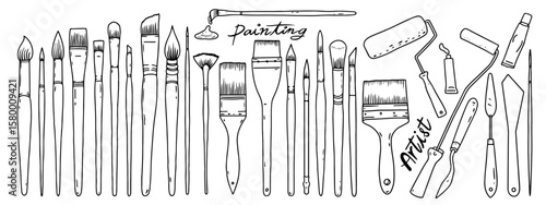 Collection of painting brushes tools for artist. Vector and illustration graphic elements. Paintbrush set.