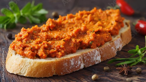 Spicy dip, Lutenitsa, Spread on a crusty piece of bread, Vibrant reds and greens, afternoon sunlight, Spicy and savory
