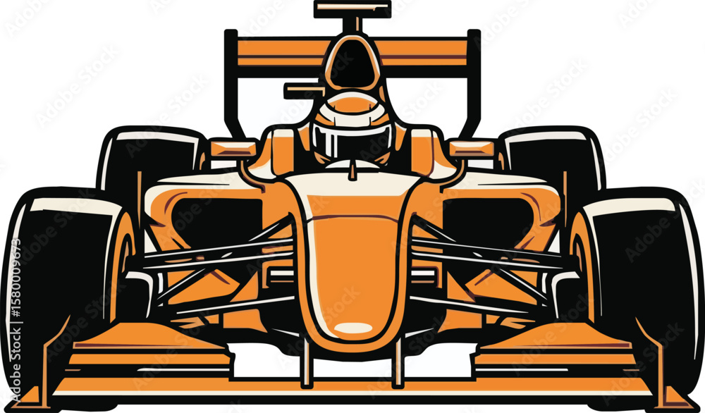 Obraz premium Orange Formula One race car, front view, driver visible, detailed illustration.