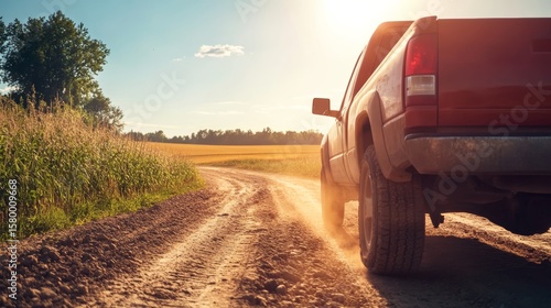 Rear view of weathered pickup truck on dusty rural dirt road amid golden farmland under bright afternoon sunlight, evoking nostalgia, tranquility, and rustic adventure