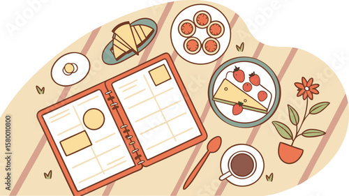 Overhead view of breakfast foods with croissant, cake, coffee, and a menu on a striped tablecloth