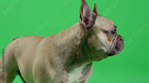 Alert Fawn French Bulldog Standing Profile on Green Screen Background for Easy Compositing