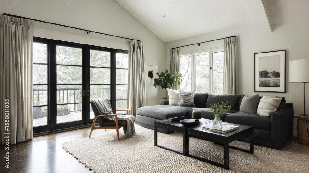 Fototapeta premium Modern living room with black sofa and wooden chair near open french doors and windows