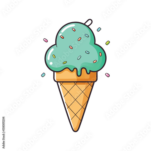 Mint ice cream cone with colorful sprinkles and melting effect sweet
