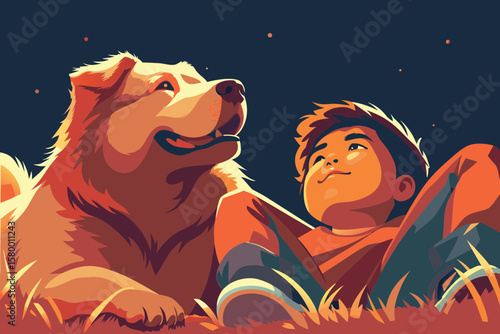 A boy and a big dog lie on the grass, staring at the sky — peaceful expressions on both