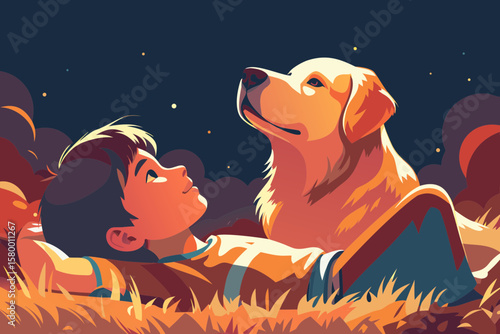 A boy and a big dog lie on the grass, staring at the sky — peaceful expressions on both