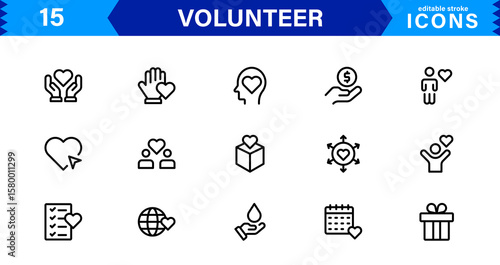 Volunteer Icon Set Featuring Community Support, Helping Hands, and Charity Symbols in Clean Vector Style.