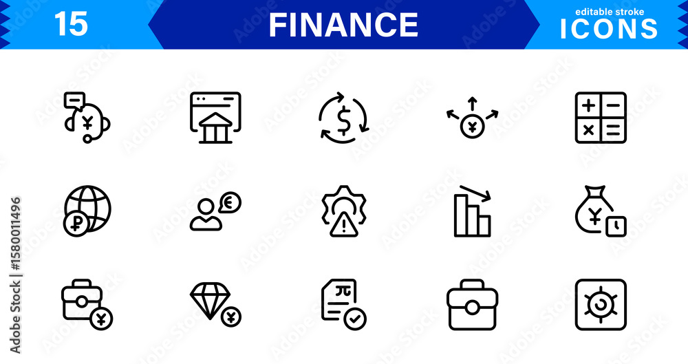 Fototapeta premium Finance Icon Pack – Premium Vector Line Symbols for Banking, Cryptocurrency, Accounting, Investing, Budgeting, and Digital Financial