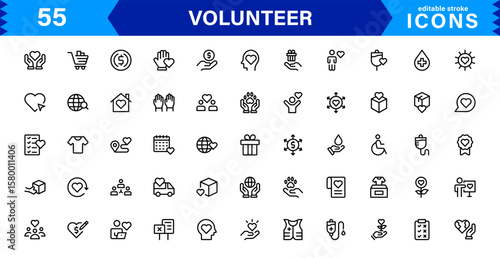 Volunteer Icon Set Featuring Community Support, Helping Hands, and Charity Symbols in Clean Vector Style.