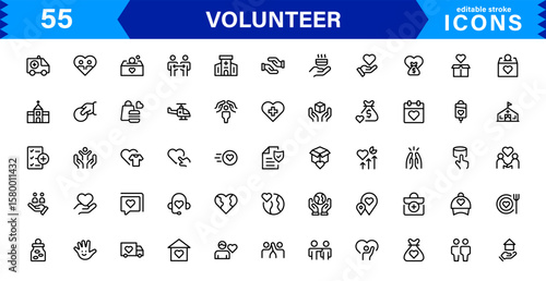 Volunteer Icon Set Featuring Community Support, Helping Hands, and Charity Symbols in Clean Vector Style.