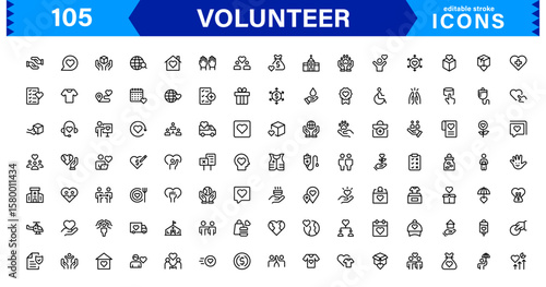 Volunteer Icon Set Featuring Community Support, Helping Hands, and Charity Symbols in Clean Vector Style.