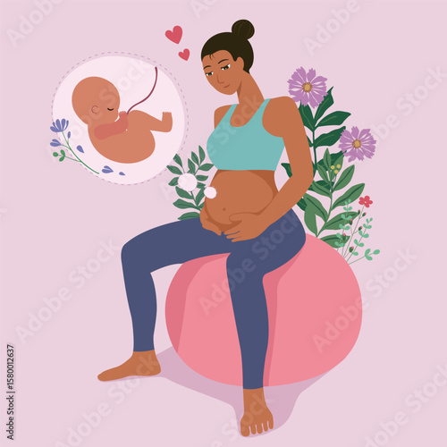 Pregnant Woman Sitting on Yoga Ball with Baby and Flowers Illustration