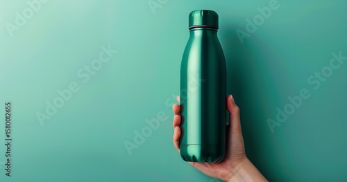 A dark green, sleek metal water bottle is held in a hand against a teal backdrop, Generative AI.