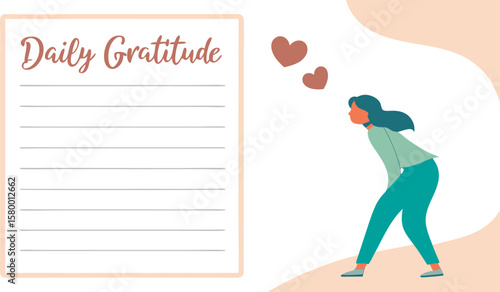 Illustration of a gratitude list with a woman and hearts, promoting daily gratitude and mindfulness practice