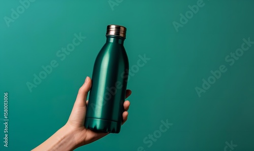 A dark green, sleek metal water bottle is held in a hand against a teal backdrop, Generative AI.