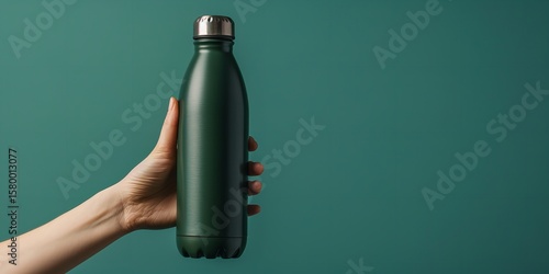 A dark green, sleek metal water bottle is held in a hand against a teal backdrop, Generative AI.