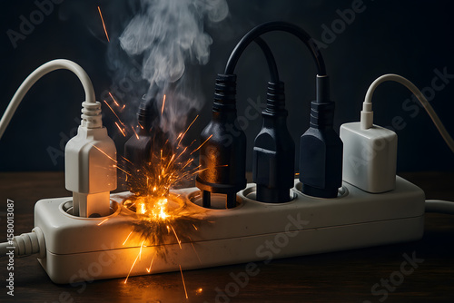Power strip overloaded sparks flying from plug sockets on wooden surface under wall indicating catastrophic electrical overload fire hazard scenario indoors