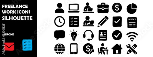 Freelance Work Icons Silhouette Vector Set — Independent Contractor, Remote Projects and Gig Economy