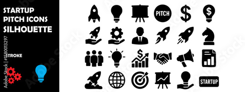 Startup Pitch Icons Silhouette Vector Set — Entrepreneur Presentation and Investor Funding
